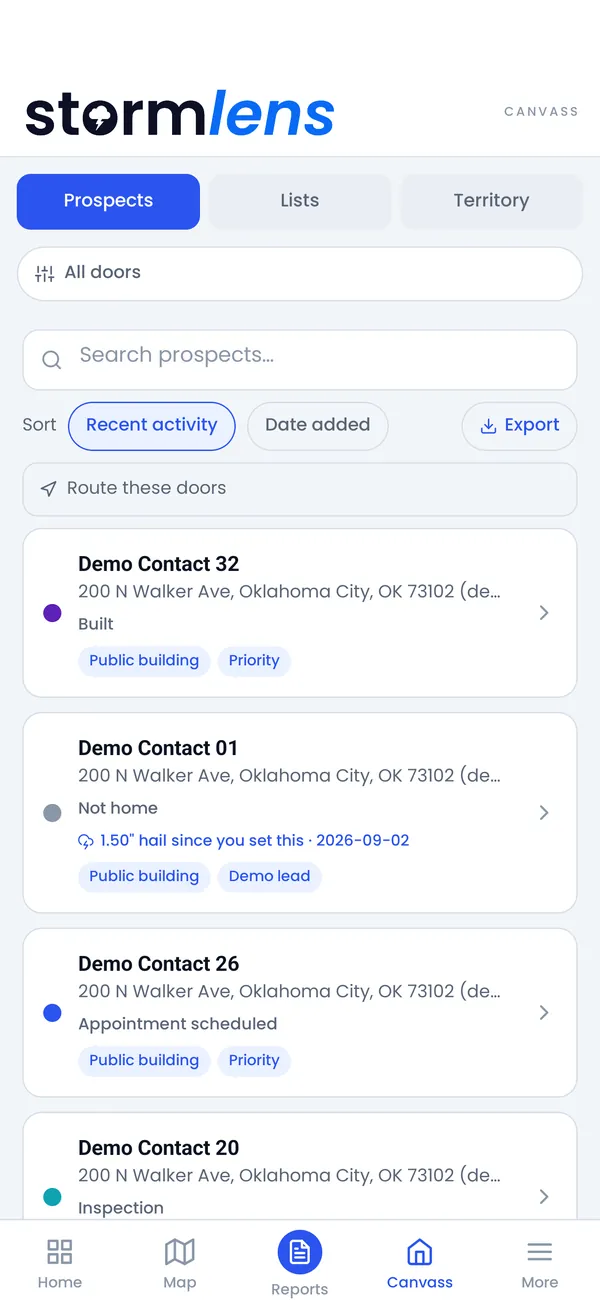 StormLens Canvass with synthetic prospects, custom sales stages, tags, and storm follow-up badges.