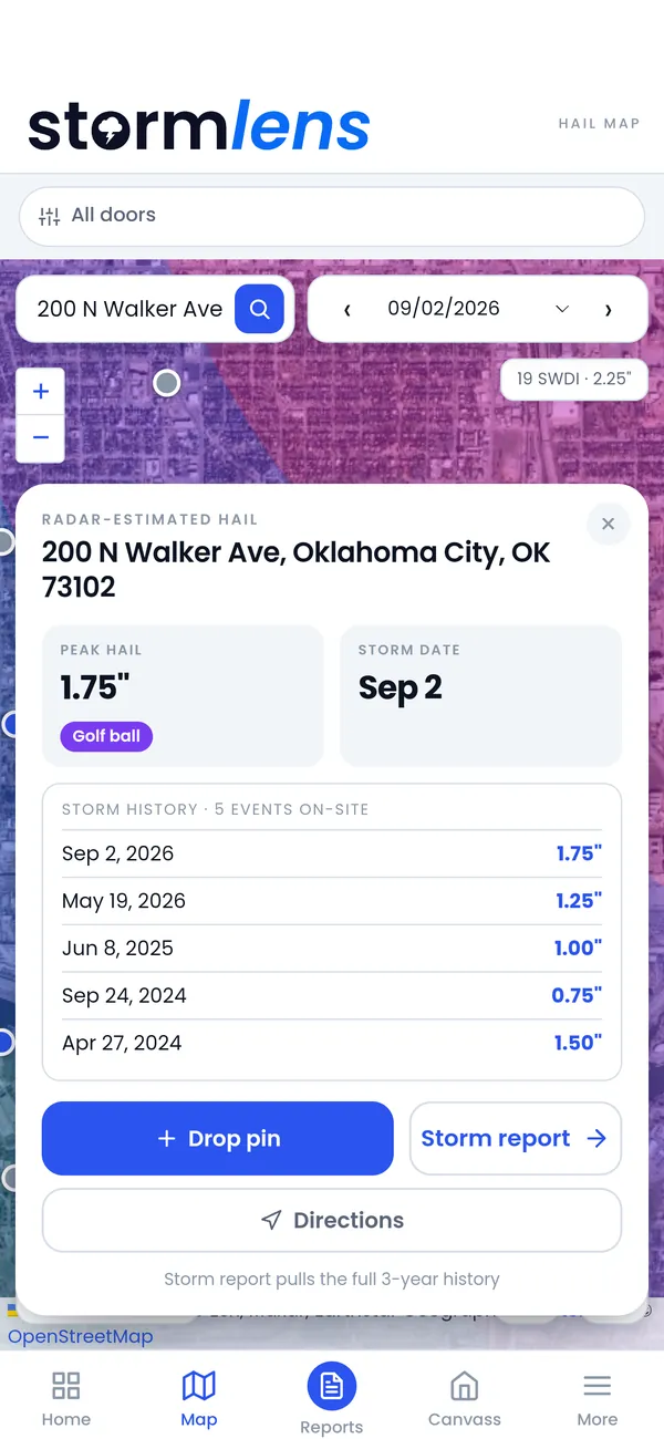 StormLens displaying illustrative property hail history and report dates at Oklahoma City Hall.