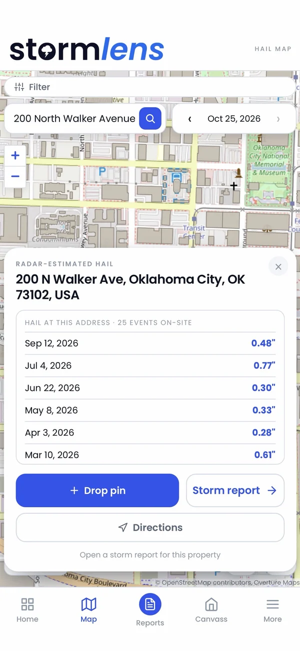 StormLens app showing hail dates and estimated sizes for a downtown Oklahoma City address