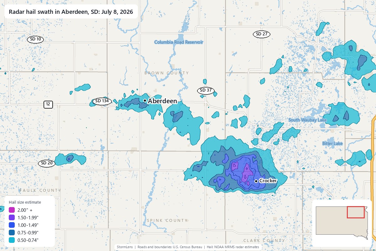 Radar-estimated hail swath in Aberdeen, SD on July 8, 2026; colors show estimated hail sizes