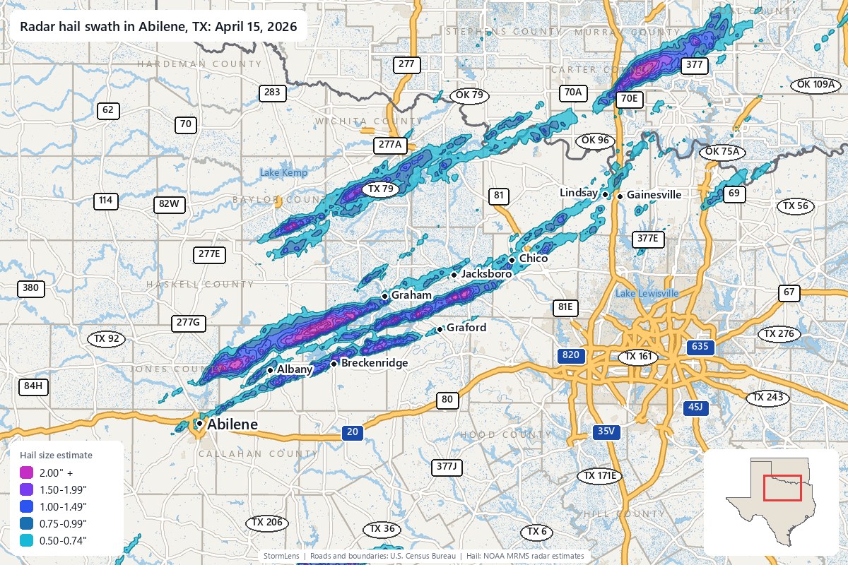Radar-estimated hail swath in Abilene, TX on April 15, 2026; colors show estimated hail sizes