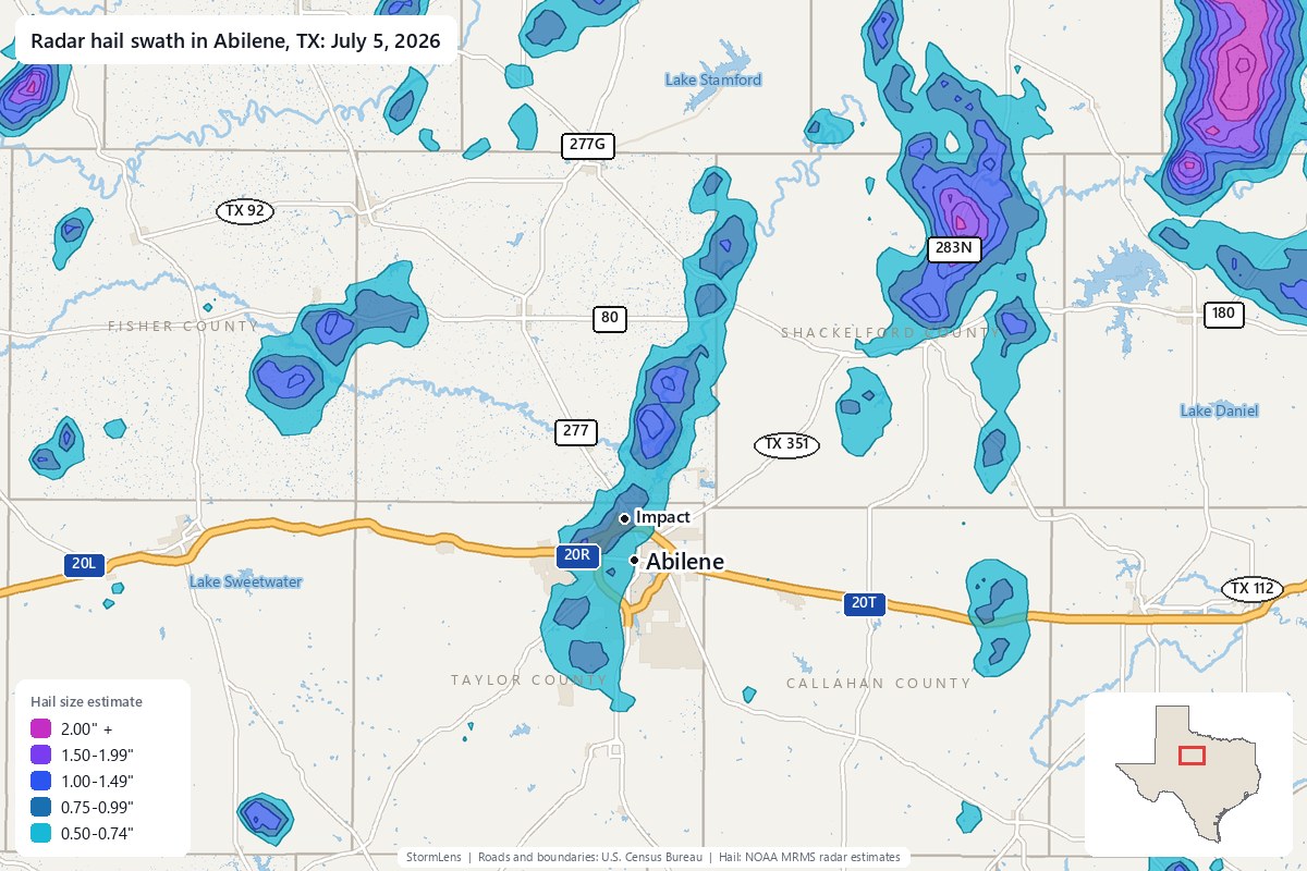 Radar-estimated hail swath in Abilene, TX on July 5, 2026; colors show estimated hail sizes