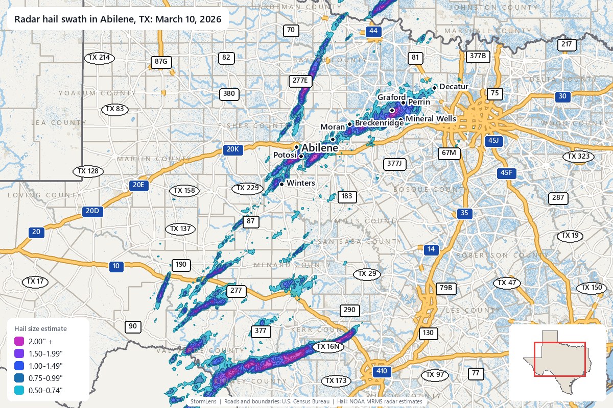 Radar-estimated hail swath in Abilene, TX on March 10, 2026; colors show estimated hail sizes