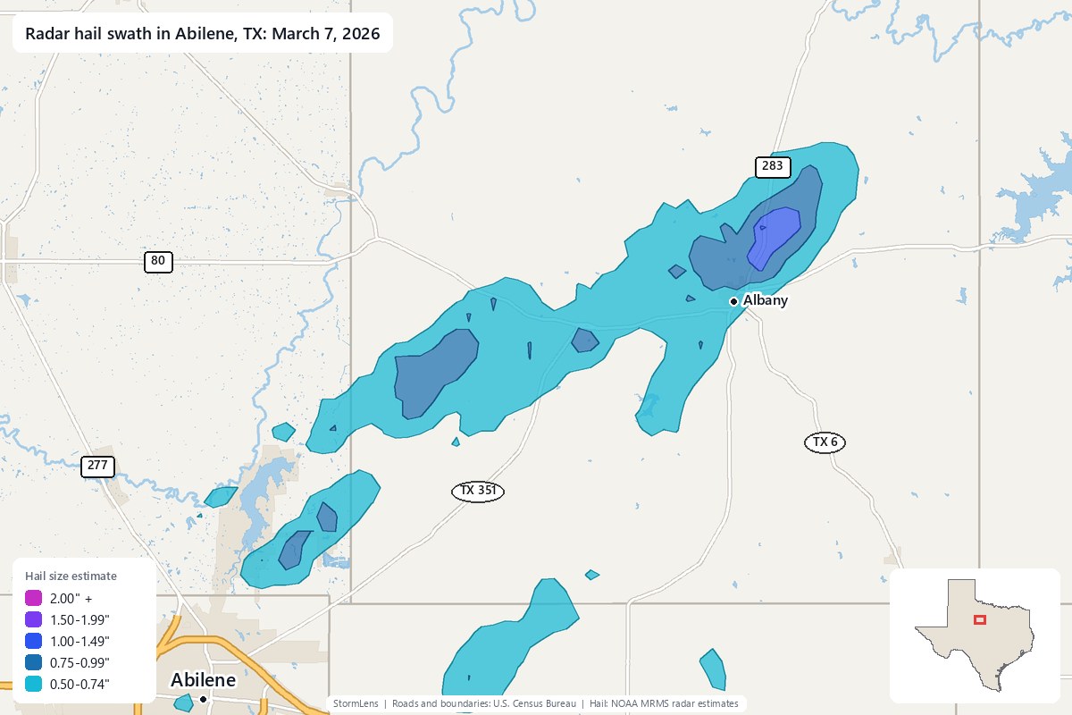 Radar-estimated hail swath in Abilene, TX on March 7, 2026; colors show estimated hail sizes