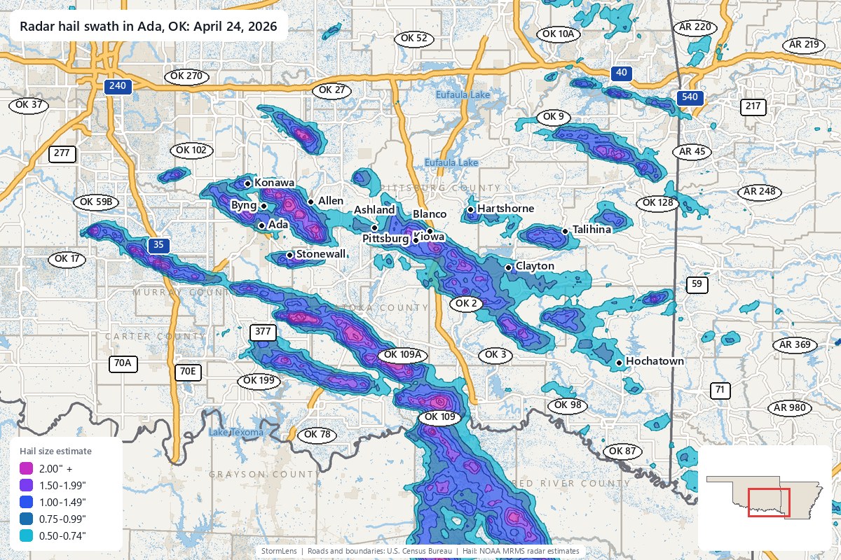 Radar-estimated hail swath in Ada, OK on April 24, 2026; colors show estimated hail sizes