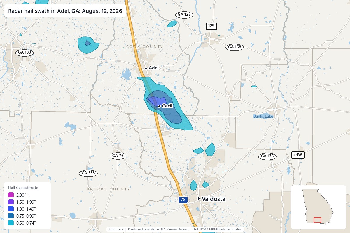 Radar-estimated hail swath in Adel, GA on August 12, 2026; colors show estimated hail sizes