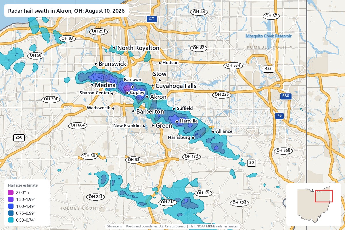 Radar-estimated hail swath in Akron, OH on August 10, 2026; colors show estimated hail sizes