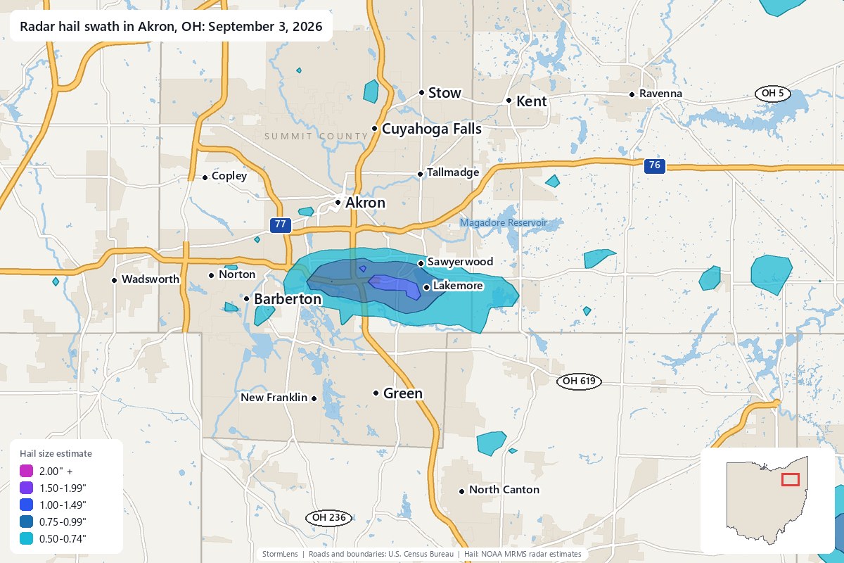 Radar-estimated hail swath in Akron, OH on September 3, 2026; colors show estimated hail sizes