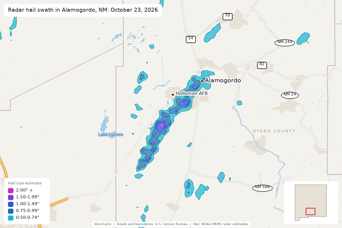 Radar-estimated hail swath in Alamogordo, NM on October 23, 2026; colors show estimated hail sizes
