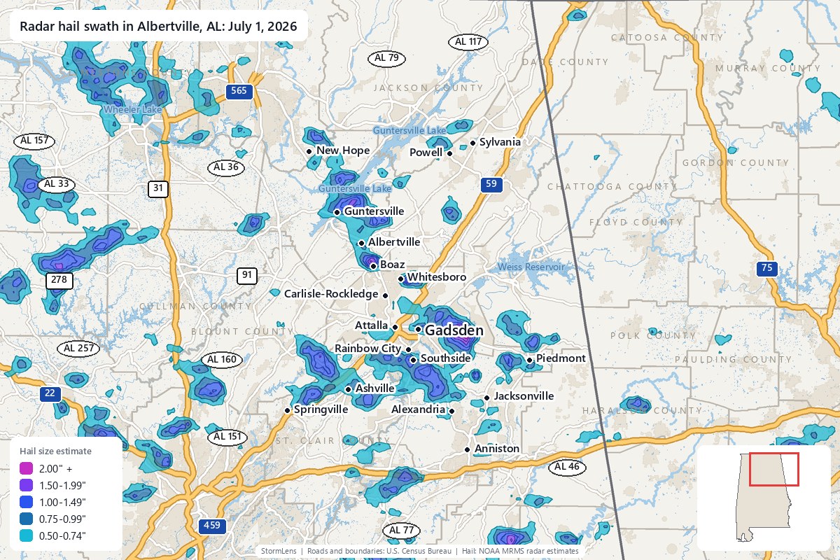 Radar-estimated hail swath in Albertville, AL on July 1, 2026; colors show estimated hail sizes