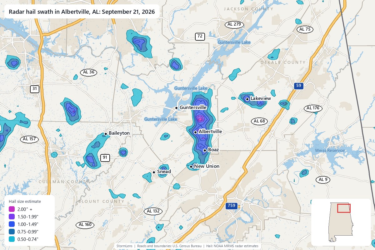 Radar-estimated hail swath in Albertville, AL on September 21, 2026; colors show estimated hail sizes