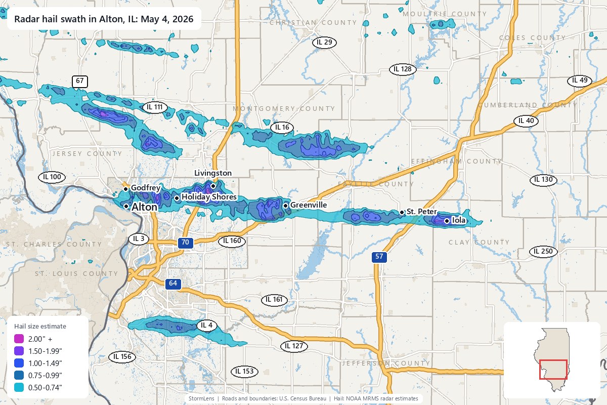 Radar-estimated hail swath in Alton, IL on May 4, 2026; colors show estimated hail sizes
