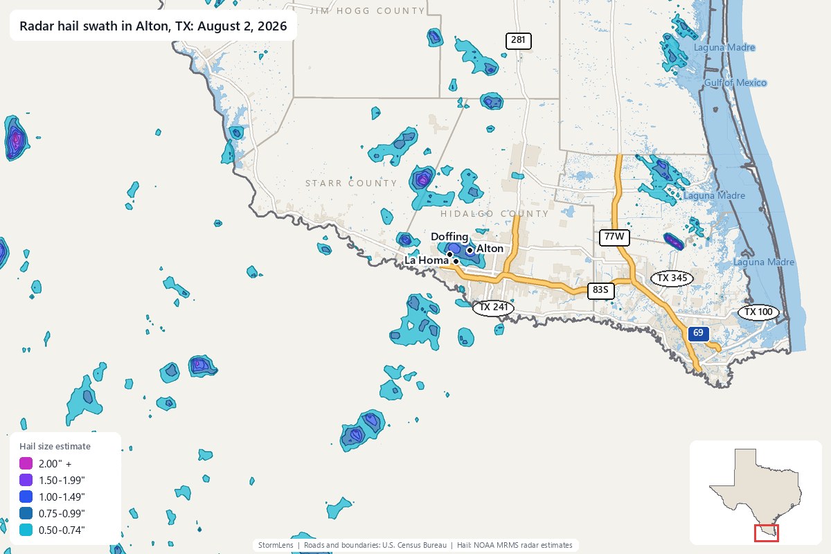 Radar-estimated hail swath in Alton, TX on August 2, 2026; colors show estimated hail sizes