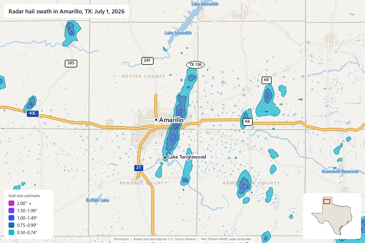 Radar-estimated hail swath in Amarillo, TX on July 1, 2026; colors show estimated hail sizes