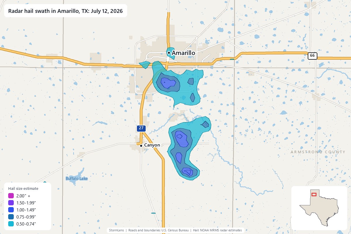 Radar-estimated hail swath in Amarillo, TX on July 12, 2026; colors show estimated hail sizes