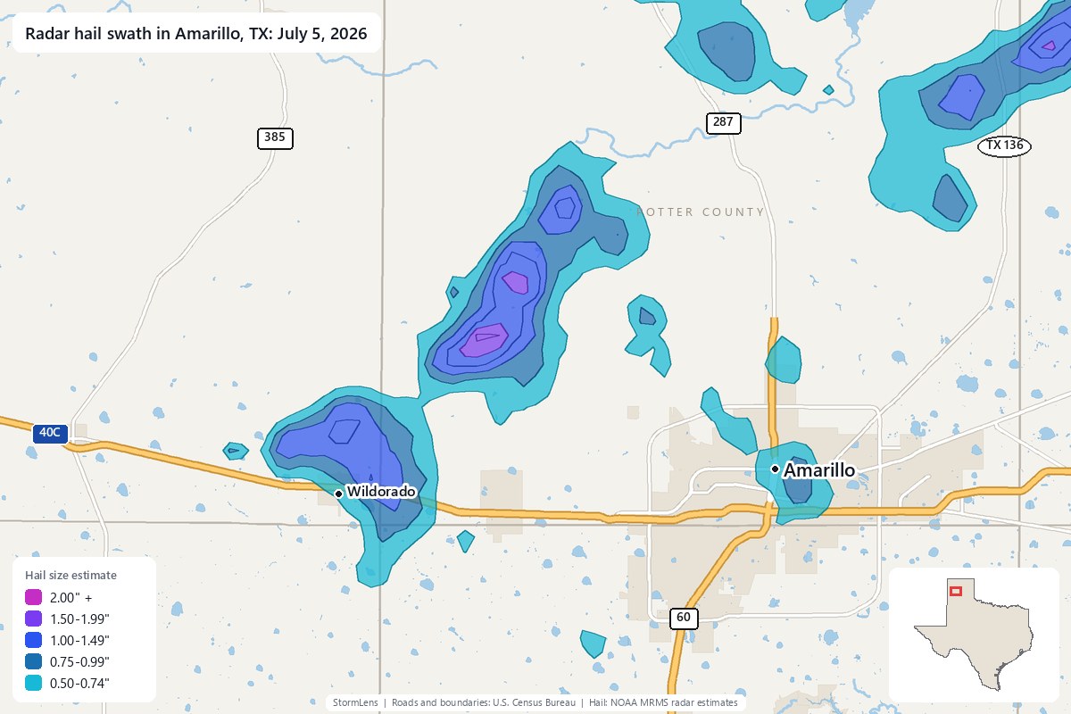 Radar-estimated hail swath in Amarillo, TX on July 5, 2026; colors show estimated hail sizes