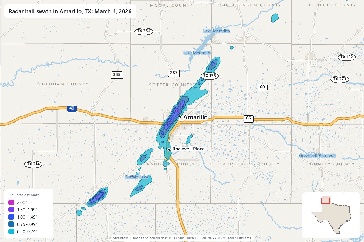 Radar-estimated hail swath in Amarillo, TX on March 4, 2026; colors show estimated hail sizes