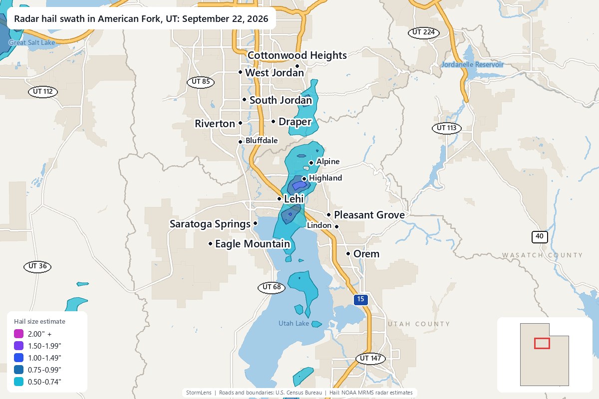 Radar-estimated hail swath in American Fork, UT on September 22, 2026; colors show estimated hail sizes