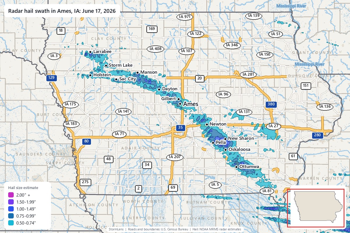 Radar-estimated hail swath in Ames, IA on June 17, 2026; colors show estimated hail sizes