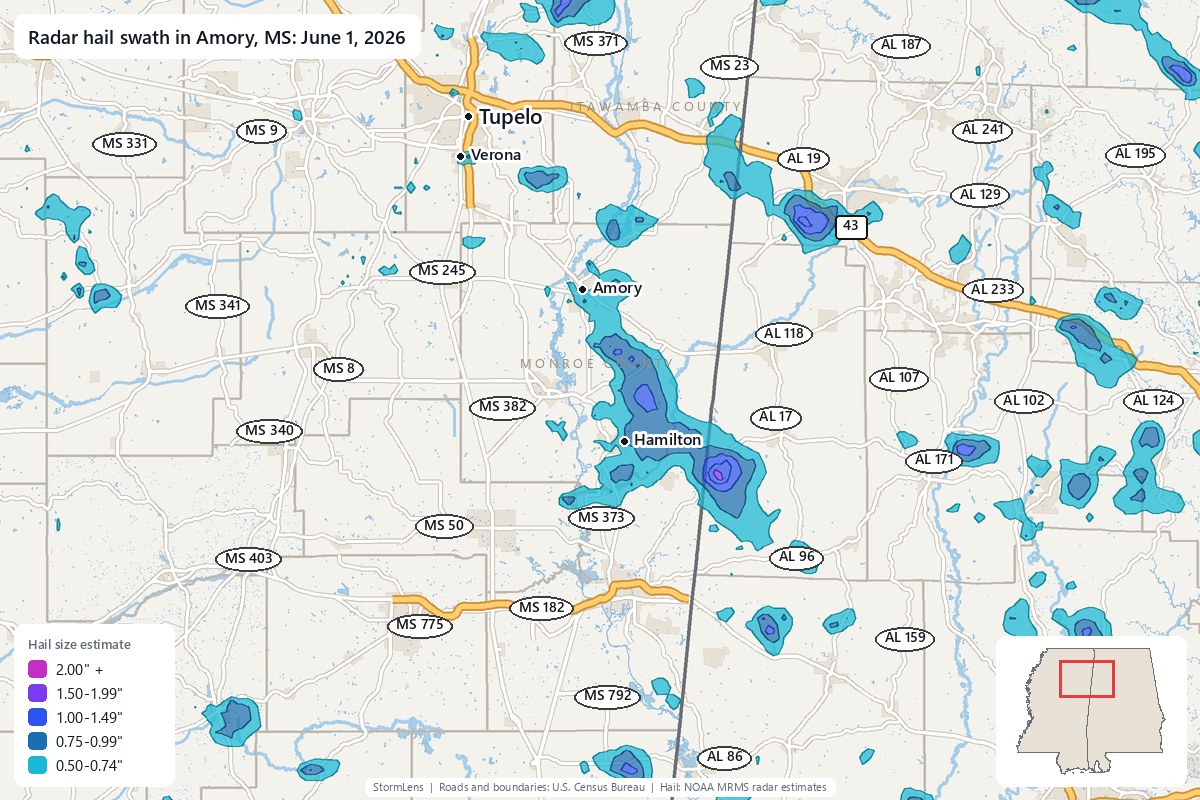Radar-estimated hail swath in Amory, MS on June 1, 2026; colors show estimated hail sizes