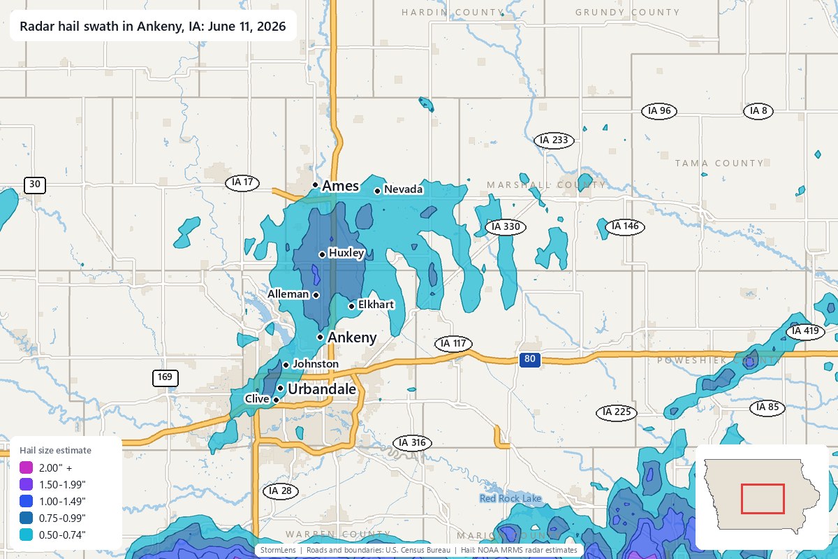 Radar-estimated hail swath in Ankeny, IA on June 11, 2026; colors show estimated hail sizes