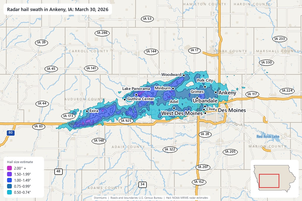 Radar-estimated hail swath in Ankeny, IA on March 30, 2026; colors show estimated hail sizes