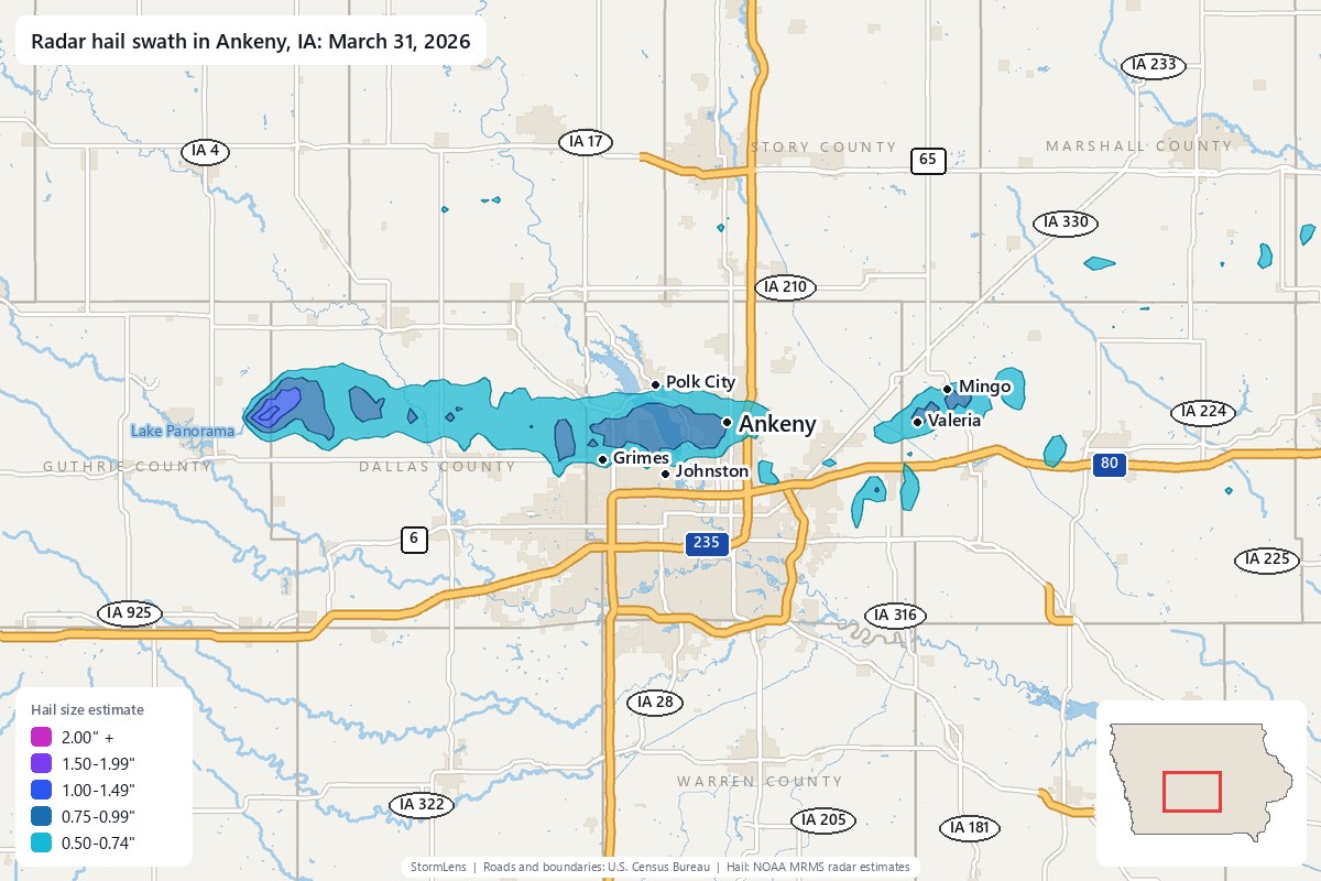 Radar-estimated hail swath in Ankeny, IA on March 31, 2026; colors show estimated hail sizes