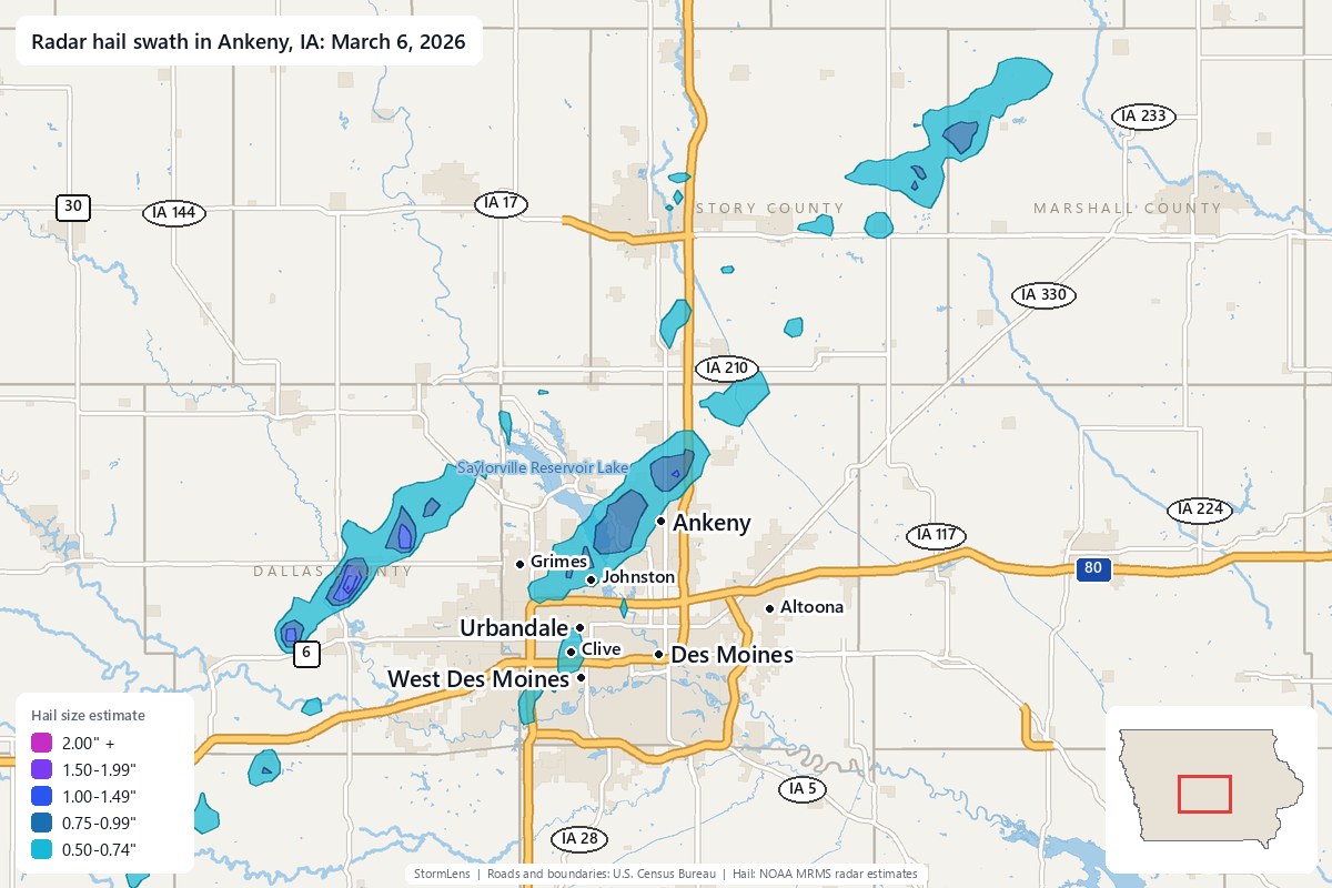 Radar-estimated hail swath in Ankeny, IA on March 6, 2026; colors show estimated hail sizes