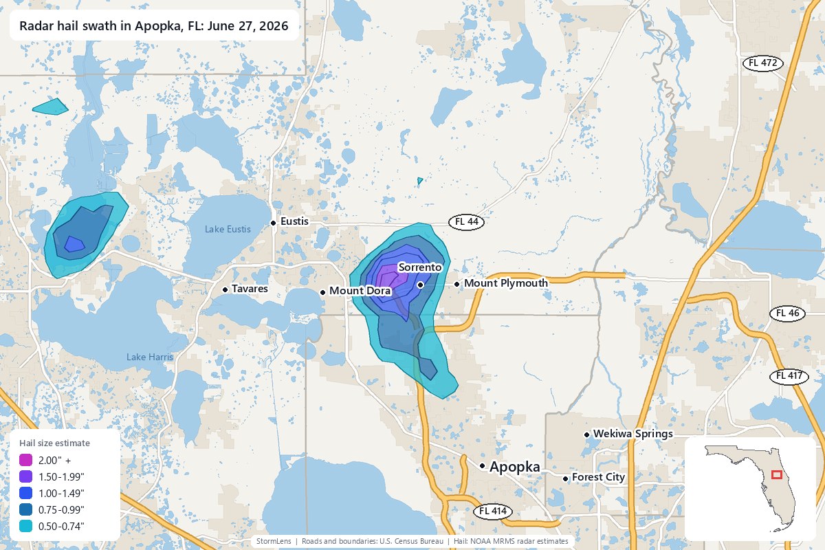 Radar-estimated hail swath in Apopka, FL on June 27, 2026; colors show estimated hail sizes