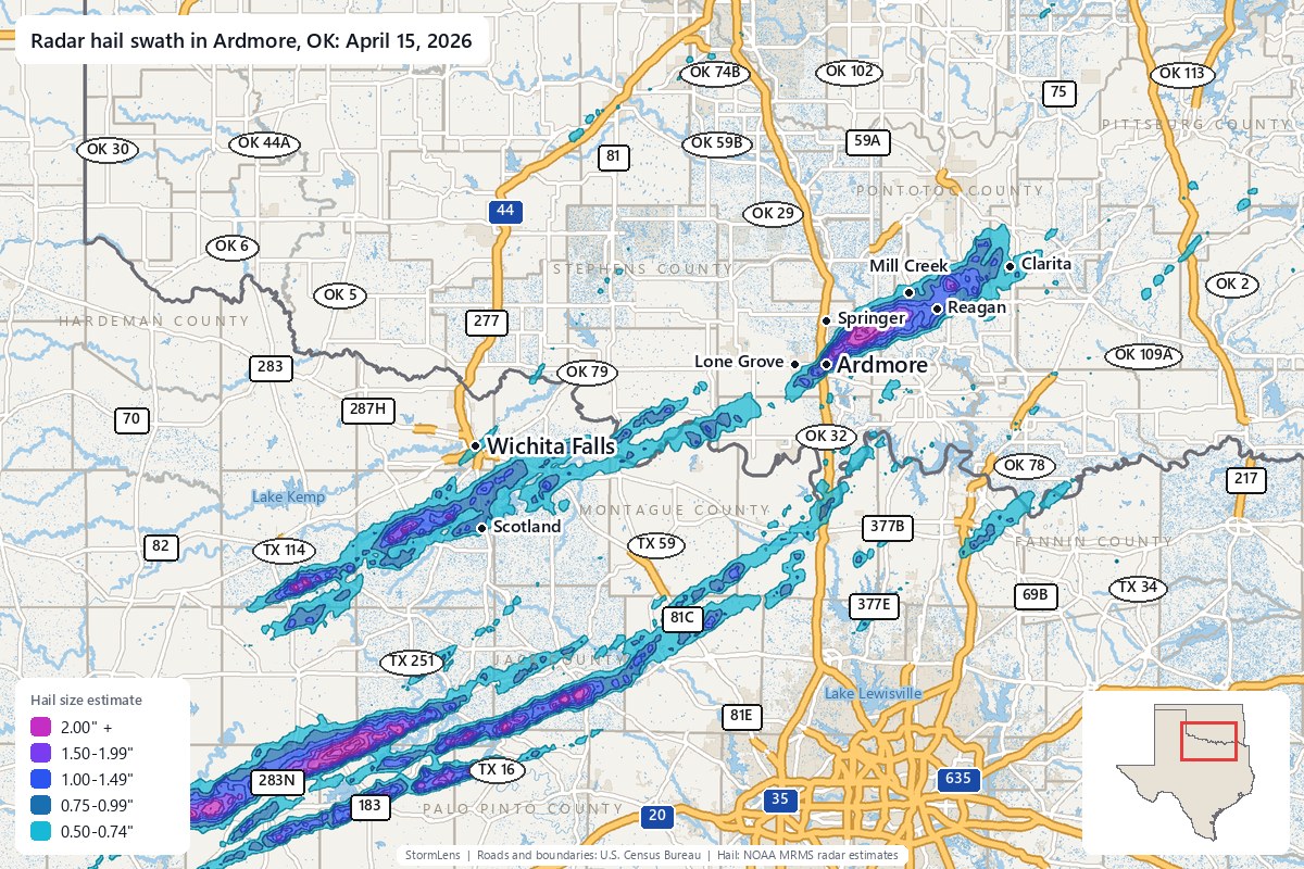Radar-estimated hail swath in Ardmore, OK on April 15, 2026; colors show estimated hail sizes