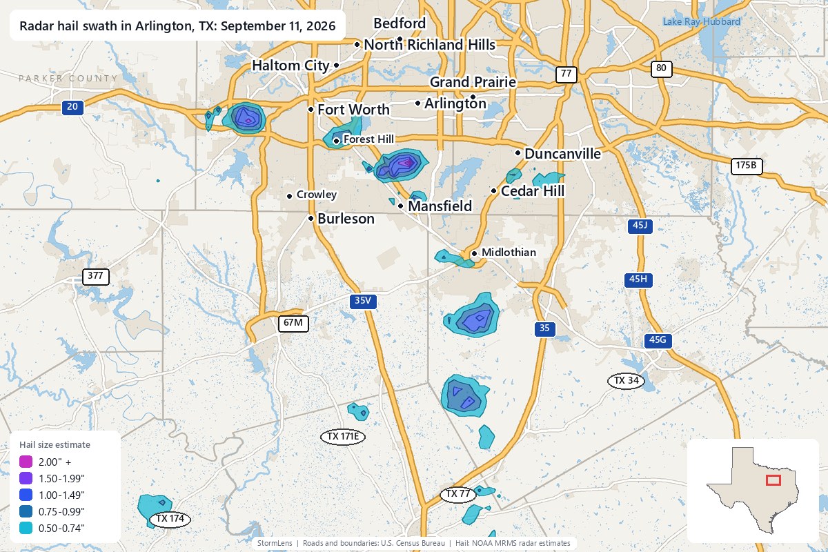 Radar-estimated hail swath in Arlington, TX on September 11, 2026; colors show estimated hail sizes