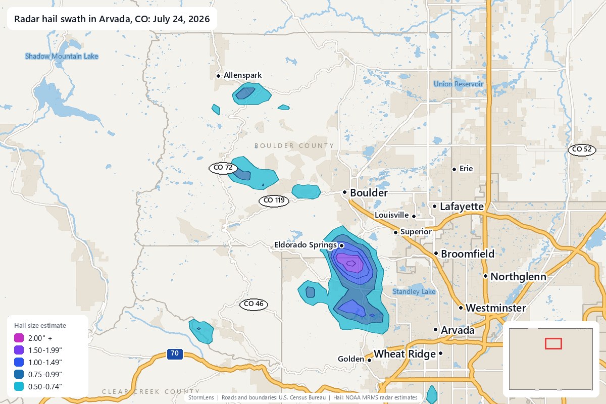 Radar-estimated hail swath in Arvada, CO on July 24, 2026; colors show estimated hail sizes