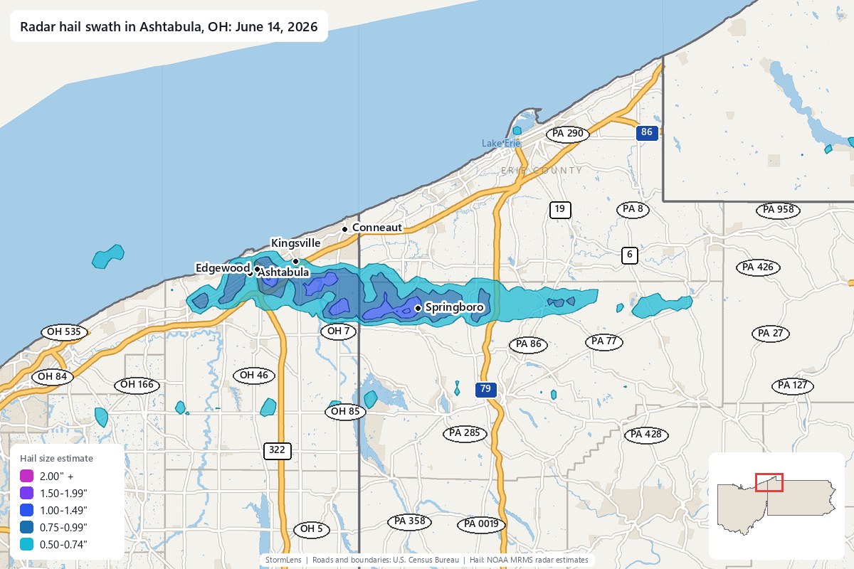 Radar-estimated hail swath in Ashtabula, OH on June 14, 2026; colors show estimated hail sizes
