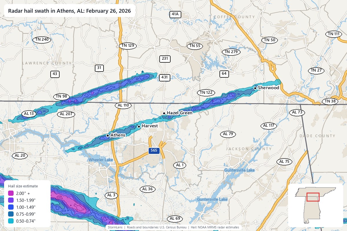 Radar-estimated hail swath in Athens, AL on February 26, 2026; colors show estimated hail sizes