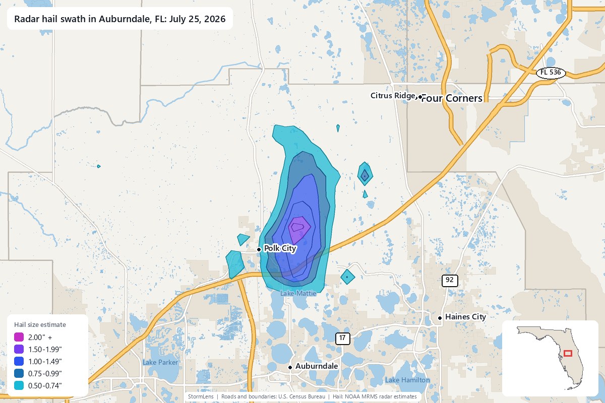 Radar-estimated hail swath in Auburndale, FL on July 25, 2026; colors show estimated hail sizes