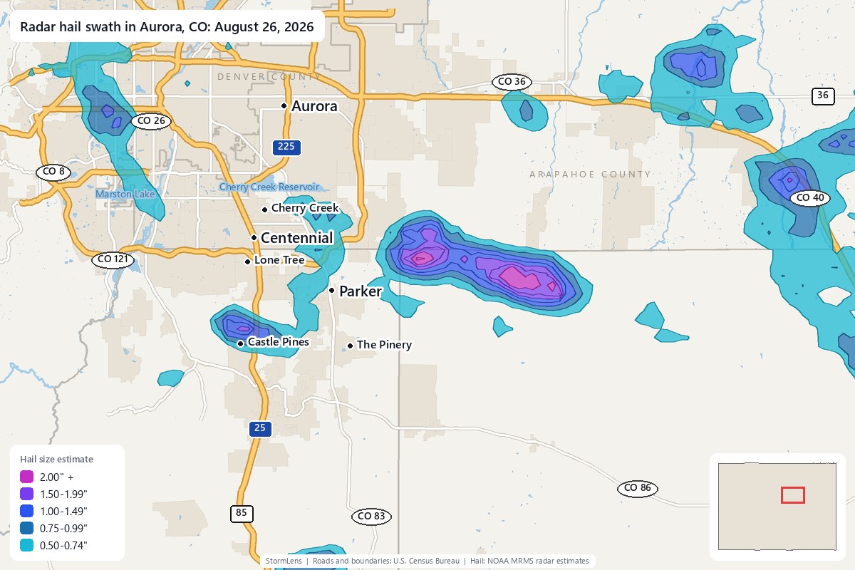 Radar-estimated hail swath in Aurora, CO on August 26, 2026; colors show estimated hail sizes