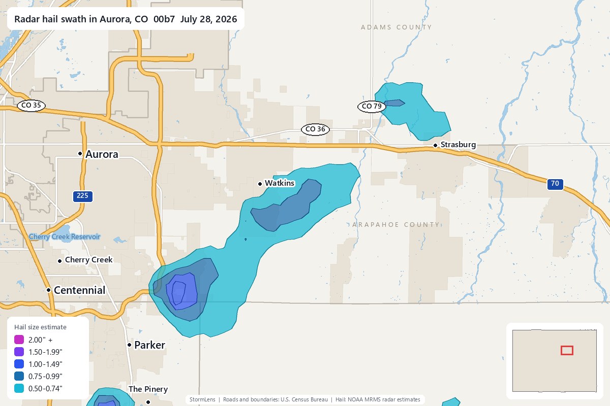 Radar-estimated hail swath in Aurora, CO on July 28, 2026; colors show estimated hail sizes