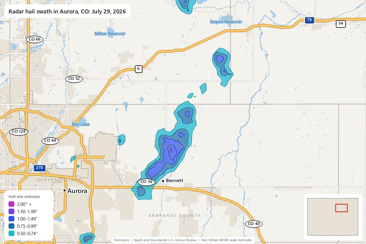 Radar-estimated hail swath in Aurora, CO on July 29, 2026; colors show estimated hail sizes