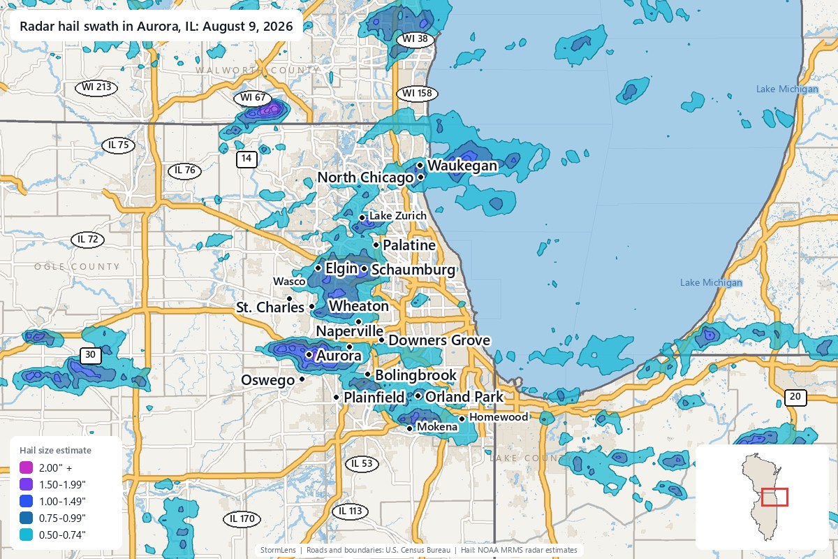 Radar-estimated hail swath in Aurora, IL on August 9, 2026; colors show estimated hail sizes