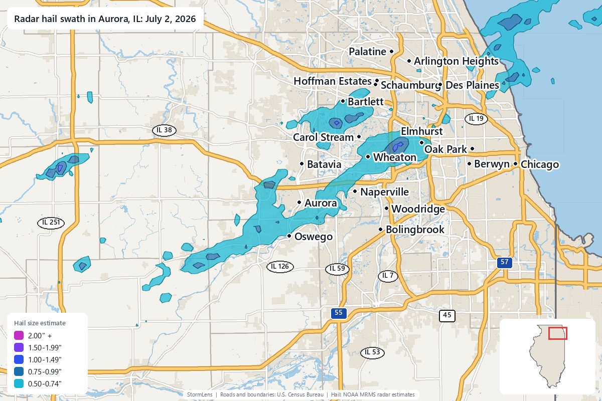 Radar-estimated hail swath in Aurora, IL on July 2, 2026; colors show estimated hail sizes