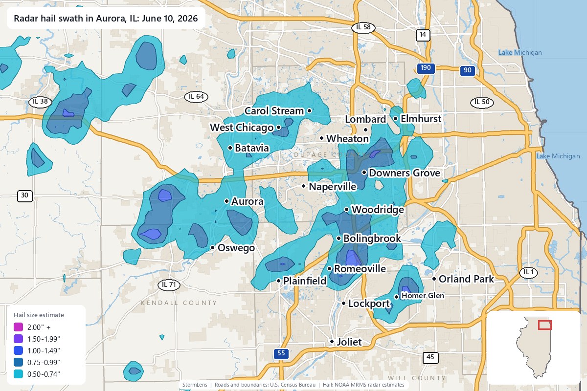 Radar-estimated hail swath in Aurora, IL on June 10, 2026; colors show estimated hail sizes