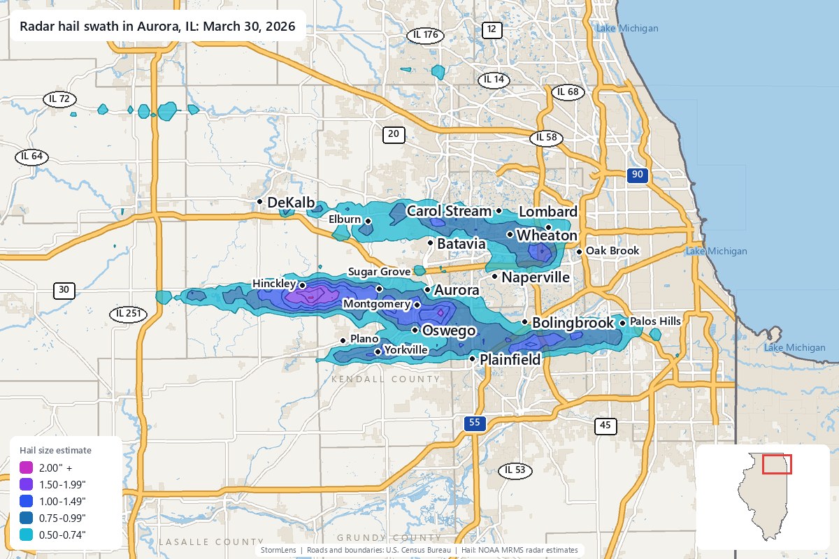 Radar-estimated hail swath in Aurora, IL on March 30, 2026; colors show estimated hail sizes