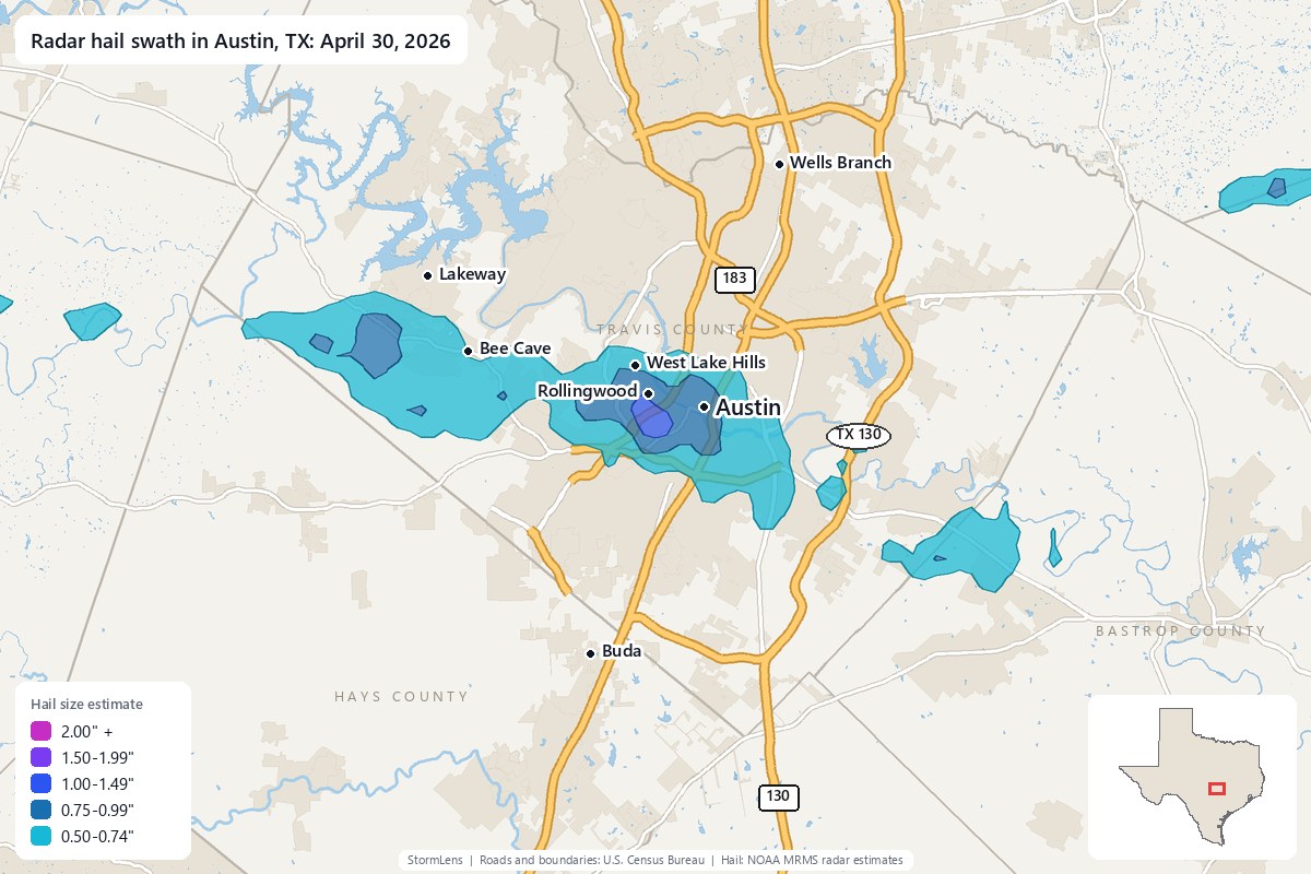 Radar-estimated hail swath in Austin, TX on April 30, 2026; colors show estimated hail sizes