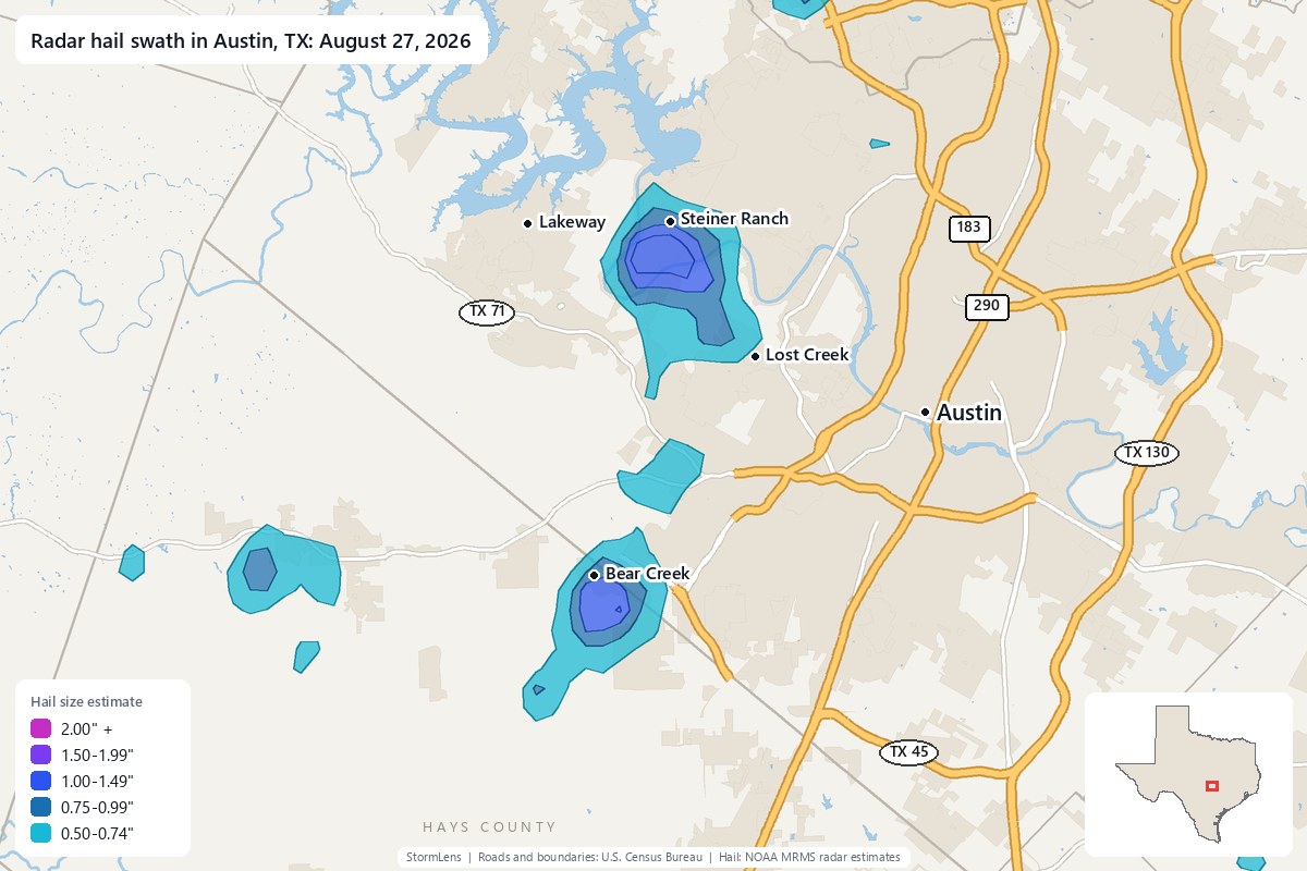 Radar-estimated hail swath in Austin, TX on August 27, 2026; colors show estimated hail sizes
