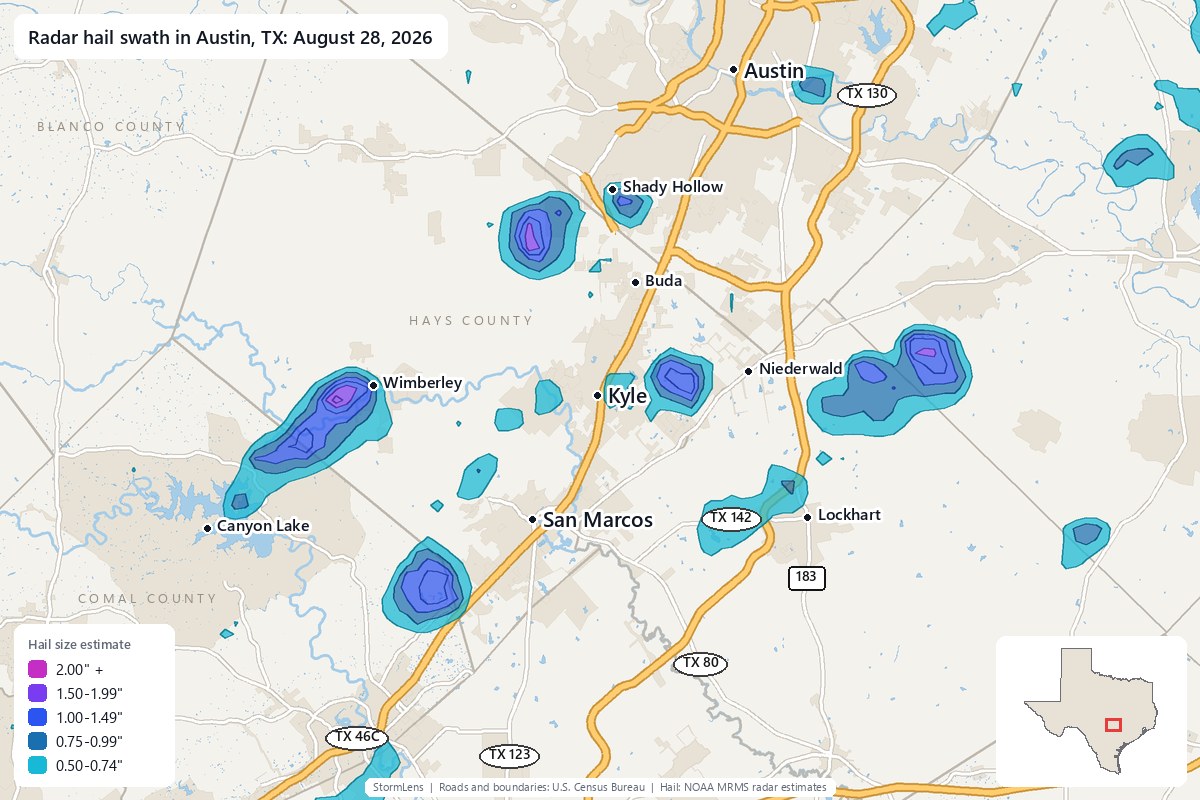 Radar-estimated hail swath in Austin, TX on August 28, 2026; colors show estimated hail sizes
