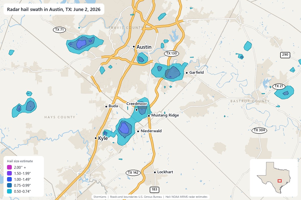 Radar-estimated hail swath in Austin, TX on June 2, 2026; colors show estimated hail sizes