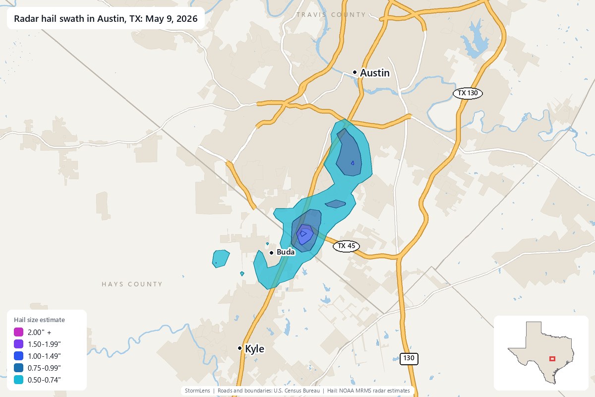 Radar-estimated hail swath in Austin, TX on May 9, 2026; colors show estimated hail sizes
