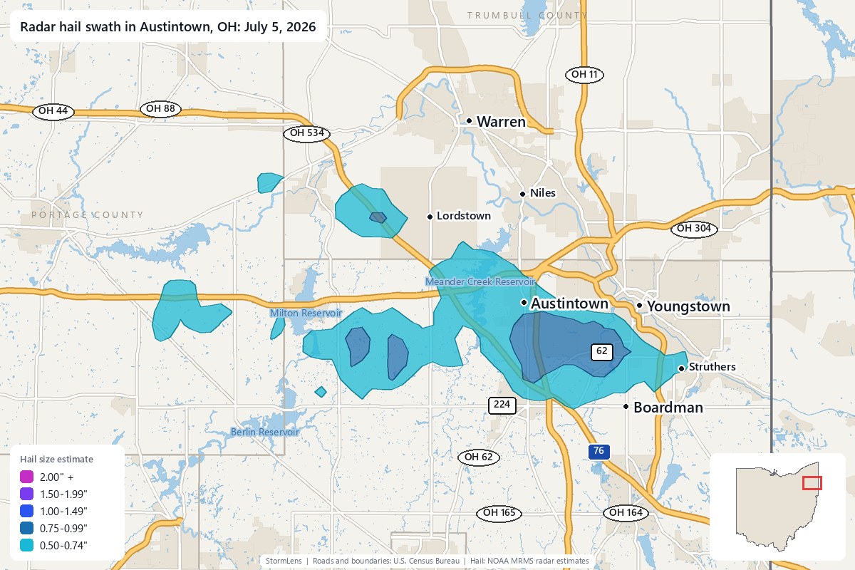 Radar-estimated hail swath in Austintown, OH on July 5, 2026; colors show estimated hail sizes