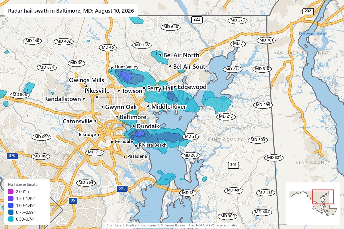 Radar-estimated hail swath in Baltimore, MD on August 10, 2026; colors show estimated hail sizes