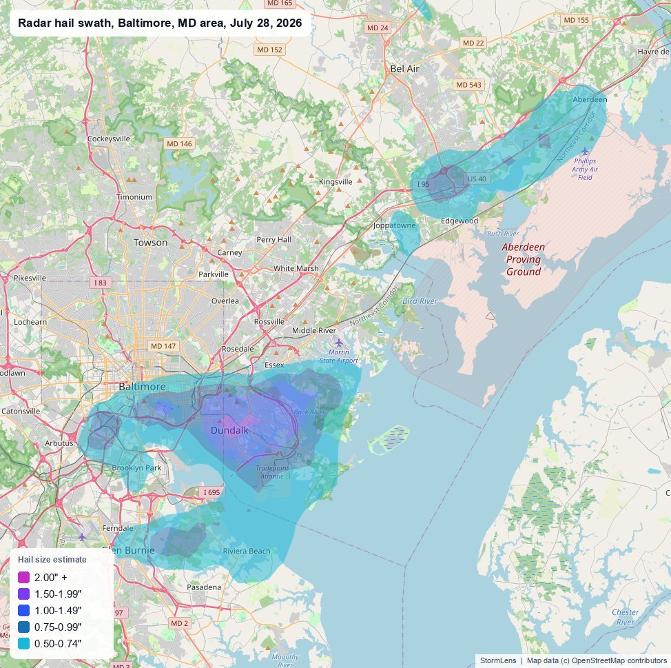 Radar-estimated hail swath near Baltimore, MD on July 28, 2026; colors show estimated hail sizes